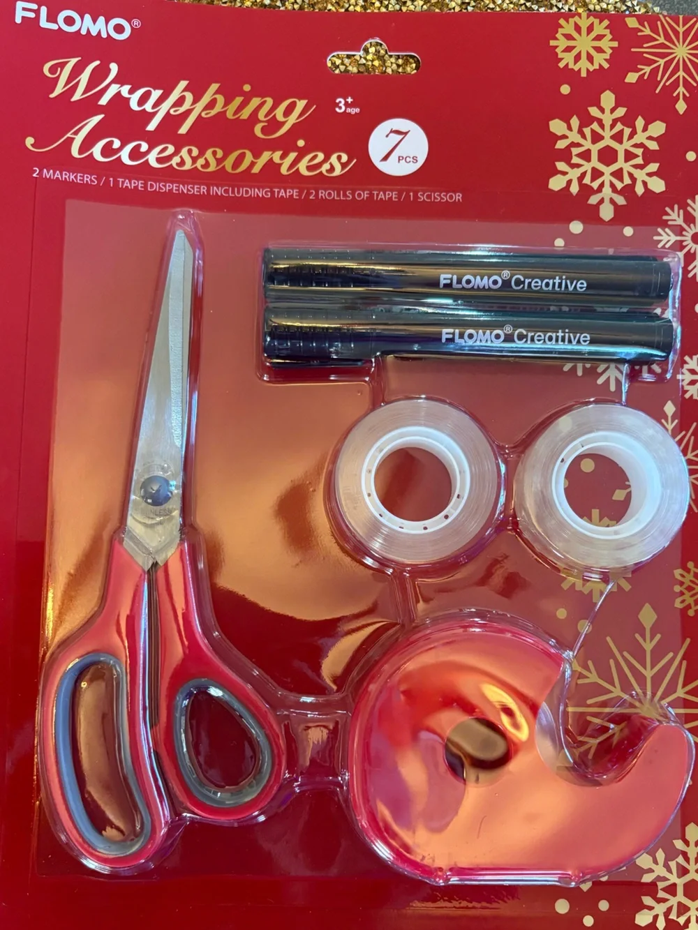 Flomo NWT Wrapping Accessories Set 7 pieces, 2 markers, scissor, tape dispenser